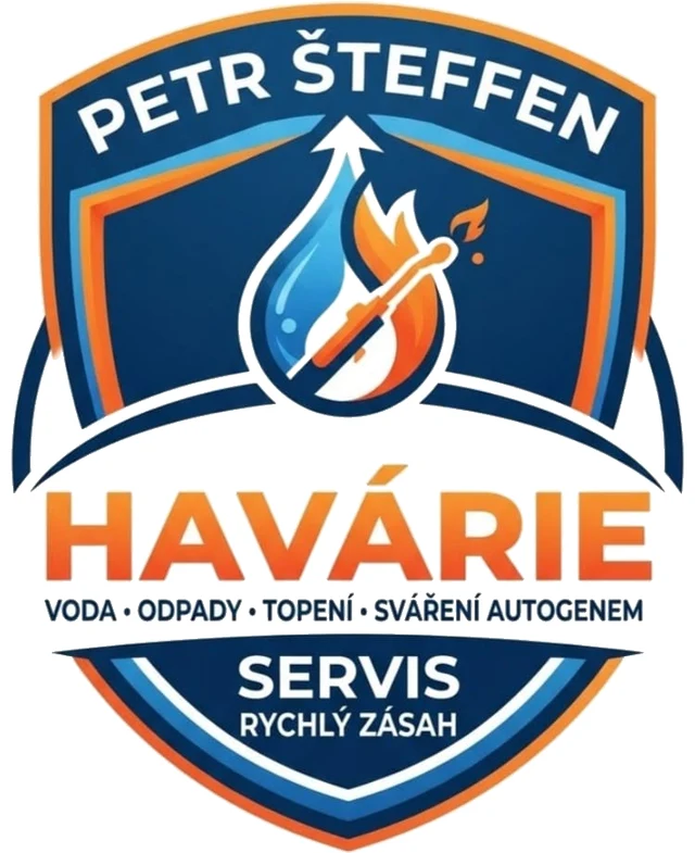 Logo Petr Šteffen – Havárie Servis: modrý štít s kapkou vody a plamenem, nápis Voda, odpady, topení, svařování autogenem